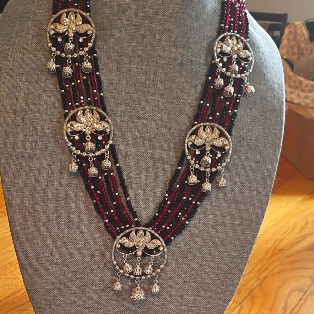Elegant Silver Plated Red and Black Beaded Necklace
